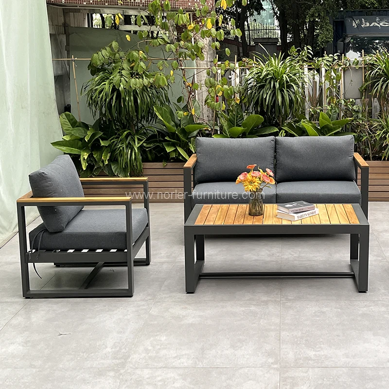 Kalitate handiko kanpoko aluminiozko markoa Teak Wood Besaulk Sofa