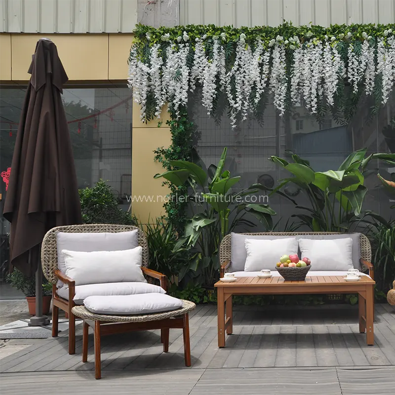 Kanpoko eguraldia erresistentea Teak Wood Rattan Sofa multzoa